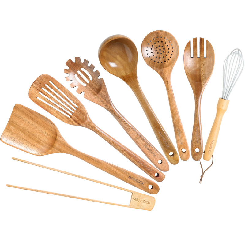 8pcs Teak Wooden Kitchen Utensils Set - Natural Acacia Wood Non-stick Spatula Cooking