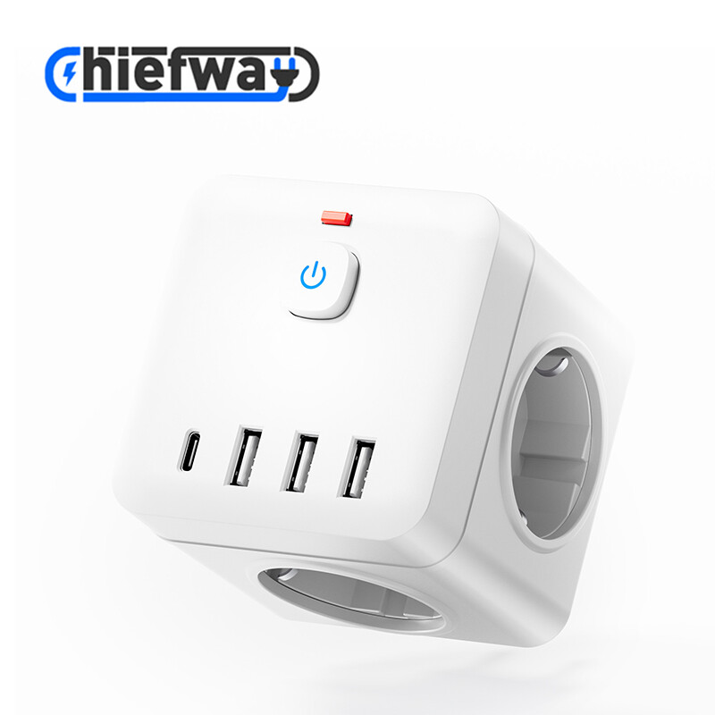 7-in-1 Kubus Stekkerdoos met Aan/uit-schakelaar, Meerdere AC-stopcontacten, USB-A en Type C Oplaadpoorten, 4000 W MAX Wit