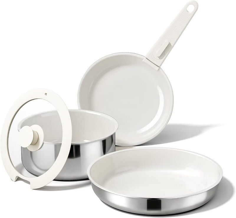 naturepan 5-delig antiaanbakpannenset, diamant-titanium keramische coating & 3-laags roestvrijstalen pannenset met afneembare handgreep, vaatwasserbestendig, inductiegeschikt, ovenbestendig, wit