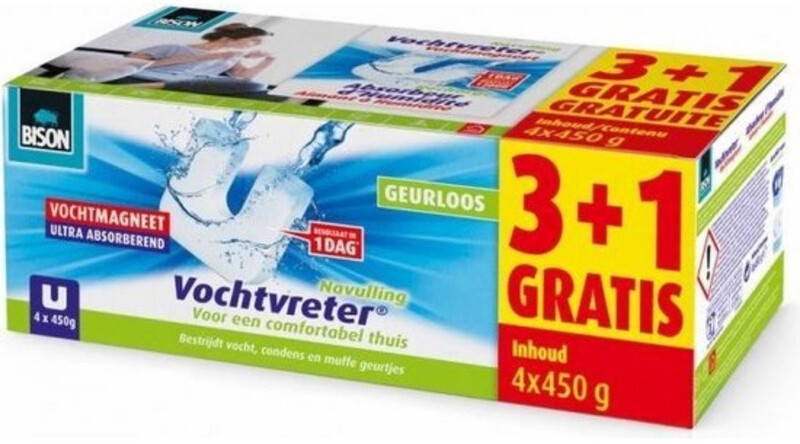 Bison Vochtvreter® magneet 450g 3+1 gratis - Parfumvrije navulling voor Vochtvreter® apparaat, 4x 450 g, bestrijd hoge luchtvochtigheid in woonruimtes, ook geschikt voor caravans en campers