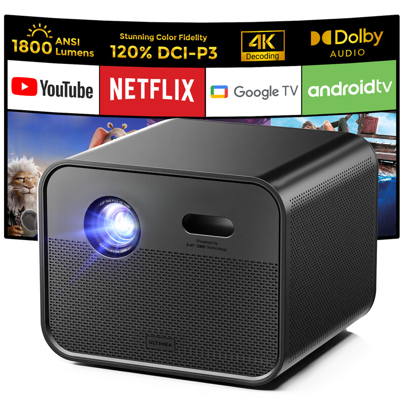 ULTIMEA Projektor Poseidon E100: Native Full HD 1080P, 1800 ANSI Lumen, 4K unterstützt, Google TV, 6D Auto Keystone & Autofokus