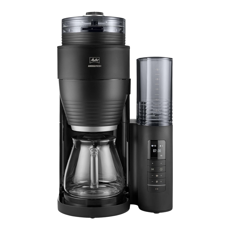 Melitta AromaFresh Pro X 1030-02 Filterkaffeemaschine mit Mahlwerk, Glaskanne und abnehmbarem Wassertank, Schwarz/Silber