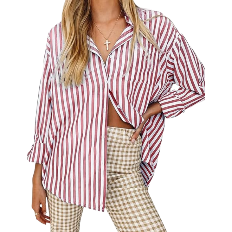Women's Blouses Striped Long Sleeve Shirts Button Down Loose fit Casual Tops (red， M)