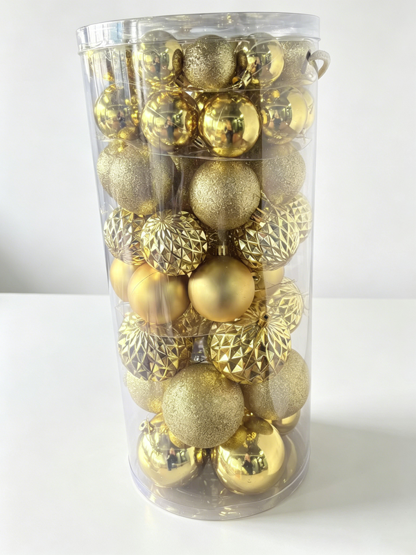 JU7CER 66 gouden kerstballen, 4-8 cm mini onbreekbare kunststof kerstballen, 4 verschillende maten, geschikt voor binnen- en buitendecoratie tijdens de kerstfeestdagen