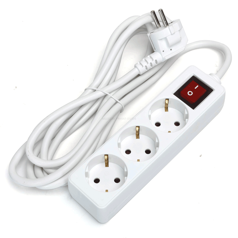 Steckdosenleiste mit Kabel/Deutscher 3-fach/3G1,5 mm²/3 m/Mit Schalter/Rechteckig/Weiß/PP
