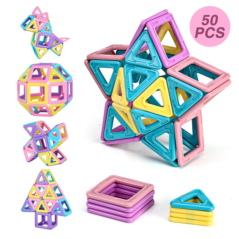 50PCS Magnetic Tiles Macaron Color Building Set, Soft Pastel Design, Strong Magnetic