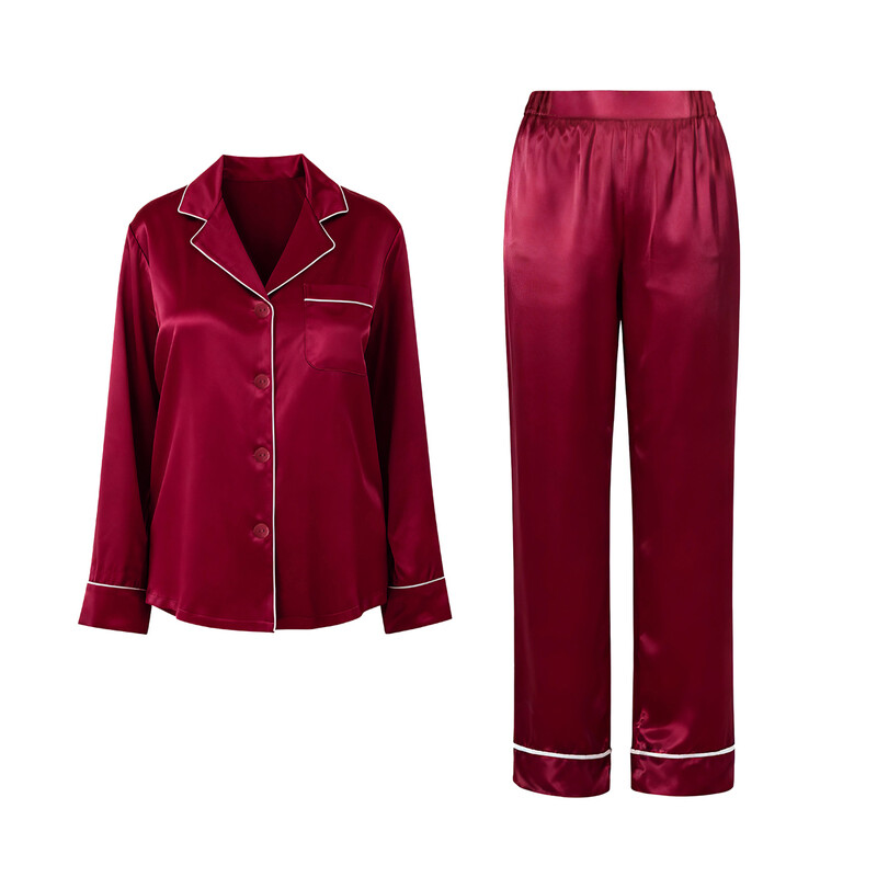 lapel silk-like wine red long sleeved top and pants set L