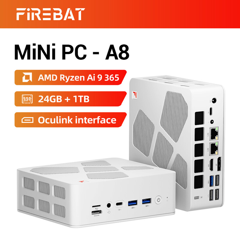 FIREBAT A8 mini-pc: AMD Ryzen AI 9 365 (10 kernen/20 processordraden) 24 GB DDR5-RAM, 1 TB PCIe 4,0-SSD, Radeon 880M-grafische processor, ondersteunt vier 4K-schermen, dubbele 2,5 G Ethernet/USB4/HDMI 2,1/Oculink | wifi 6E/Bluetooth 5,2, een compacte, sti