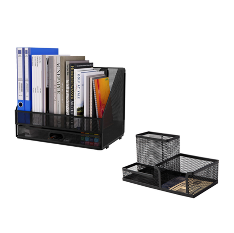[Schreibtisch-Organizer-Set] Deli Multifunktionaler Schreibtisch-Organizer, 1er-Pack + Senhoglb Desktop Metall A4 Zeitschriften-Ordner mit Schublade