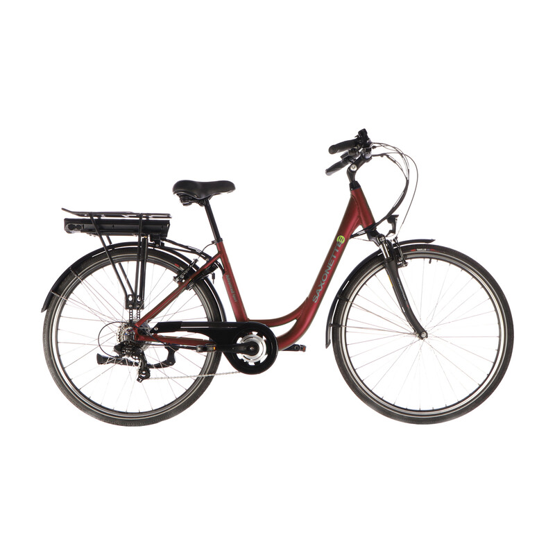 Saxonette Advanced Sport City E-Bike, 28 Zoll in Bordeaux Rot mit 250 W Motor, 374 Wh Akku, 3-Gang Shimano Alivio und Federgabel.