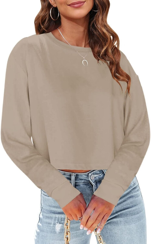 Woman Long Sleeve Cropped T Shirts Round Neck Casual Drop Shoulder Crop Tops Solid Sw