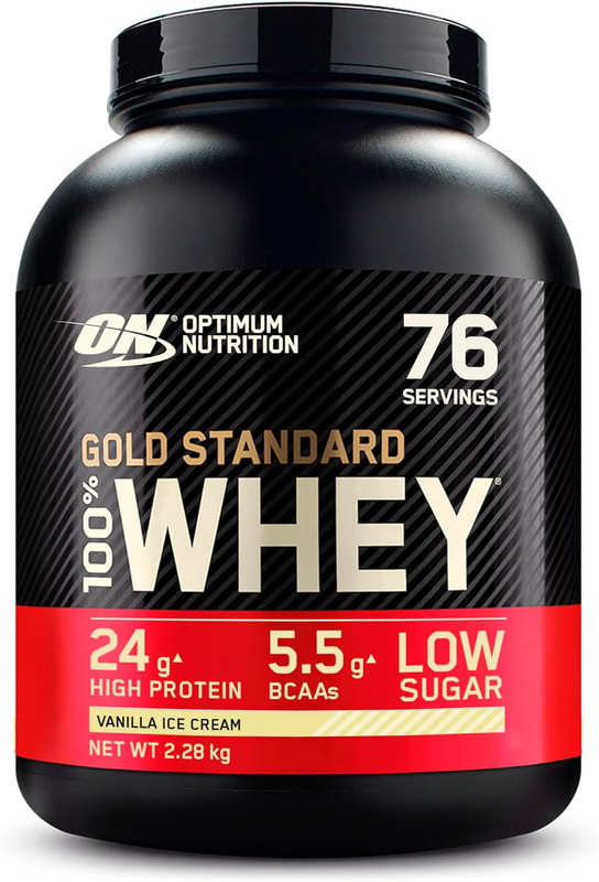 Optimum Nutrition Gold Standard Whey Muskelaufbau und Erholung Proteinpulver mit Glutamin und Aminosäuren, Vanilleeis-Geschmack, 2,27 kg, 73 Portionen