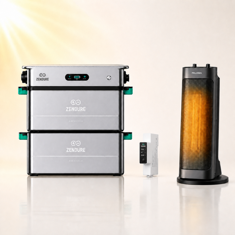 Zendure SolarFlow 2400 AC Inverter mit 2× AB3000X Akkus & Smart Meter 3CT-S 120 A + PELONIS 2000 W PTC Keramik-Heizlüfter Bundle