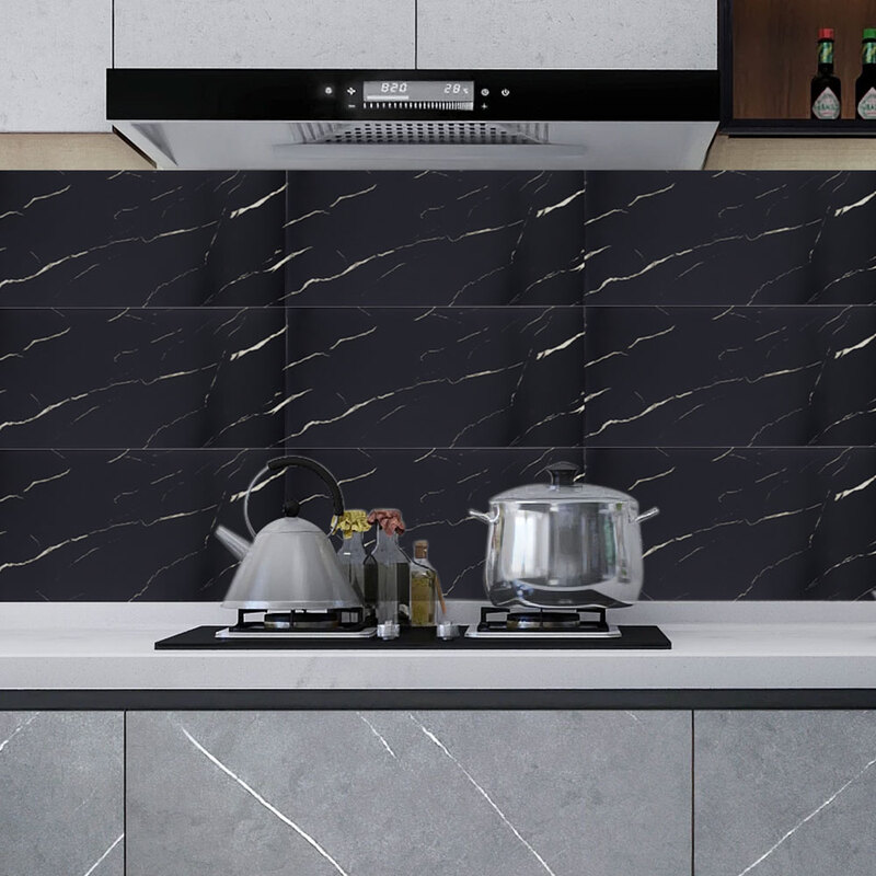 LIVINGANDHOME 10 Stück wasserdichte Marmor-Wandfliesenaufkleber, Schwarz, Selbstklebend &ölbeständig