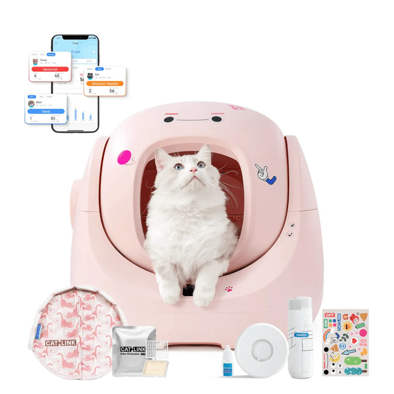 Catlink slimme zelfreinigende roze kattenbak, met klembeveiliging, AI-gezondheidsvolgsysteem, multi-kat identificatie en ruime binnenruimte, ideaal voor beginners