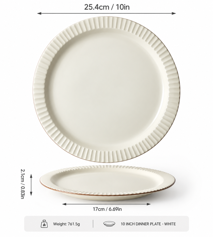 JIWOO Collins 10 Zoll großes elegantes Serviertablett aus Keramik, Beige mit braunem Rand und zartem Spitzenbesatz, 1 Stück