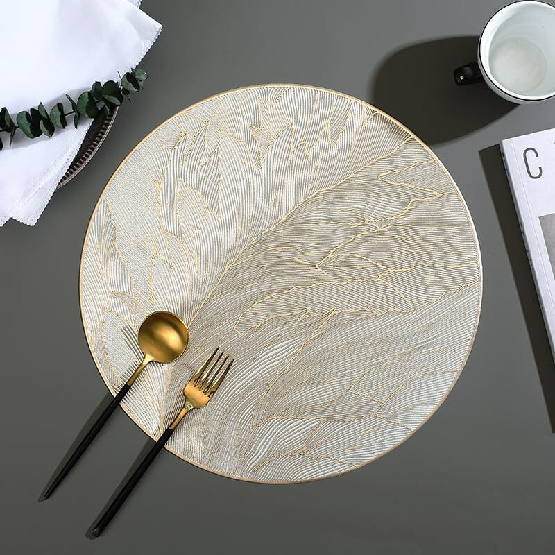 Round Placemats , 15 Inch Washable Gold Table Mats for Dining Table Pressed Leaf Viny