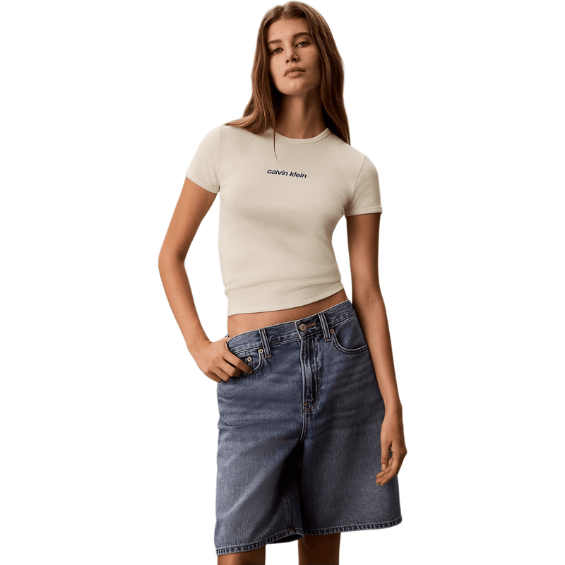 Calvin Klein Jeans Women Ribbed Embroidered Logo T-Shirt - Green Essence