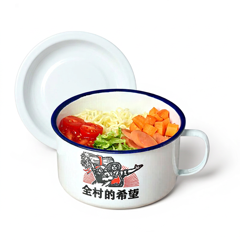 BJ 1200 ml Emaille Instant-Nudelschüssel mit Deckel Große Kapazität Vintage Nudelsuppentasse