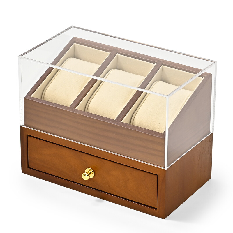 Oirlv 3 Grilds Wooden Watch Case, Two-Layer Jewelry Organizer, Watch Display Box, Dustproof Transparent Case, Watch Case