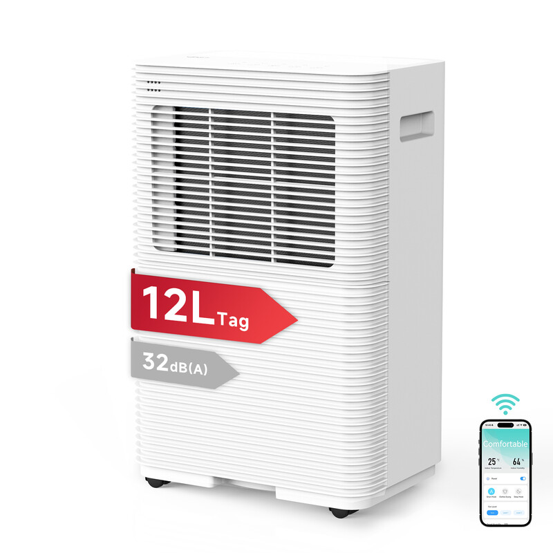 VINO 12 L slimme luchtontvochtiger, WiFi-bediening, R290, 3 modi (auto/droog/slaap), energiezuinig, 1,8 L watertank, DC-motor, 32 dB stil, meervoudige veiligheidsvoorzieningen, ideaal voor kamers van 24 m²