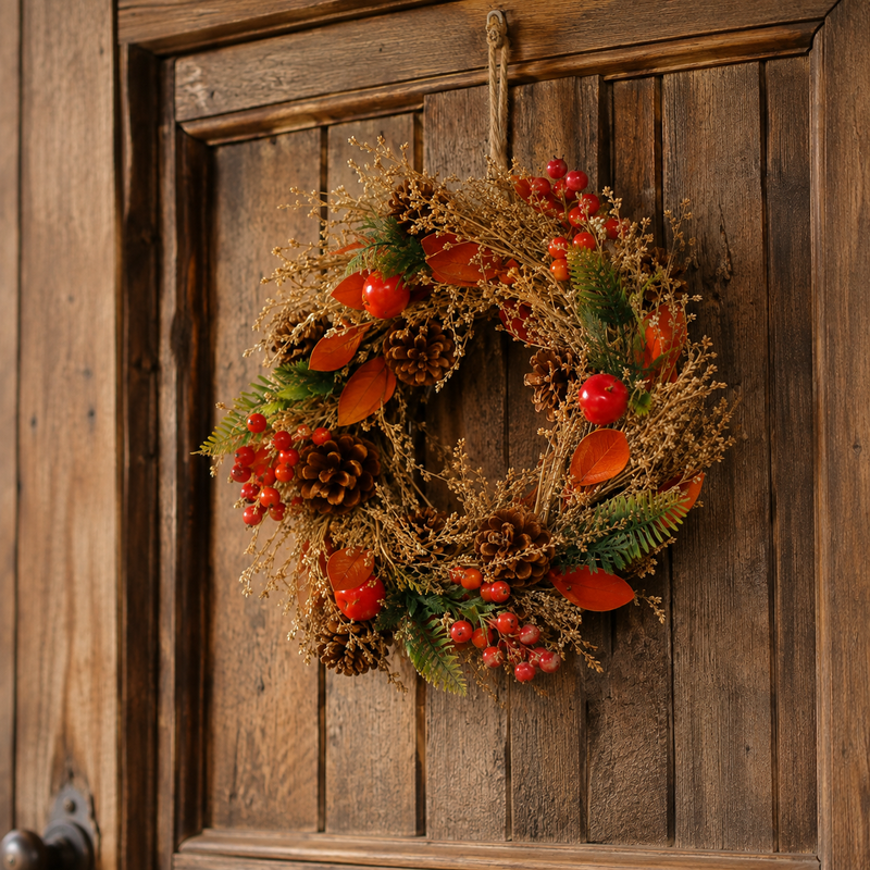 Festive 30cm Orange Flowers/Berries Autumn Wreath