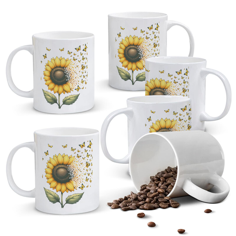 1pc 11oz White Ceramic Mug Featuring a Vibrant Sunflower and Butterfly Design, Uplift