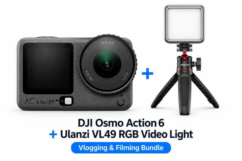 DJI Osmo Action 6 standaard combo + Ulanzi VL49 RGB LED-videolamp – bundel met verlichtingswaarde voor vlogging & fotografie