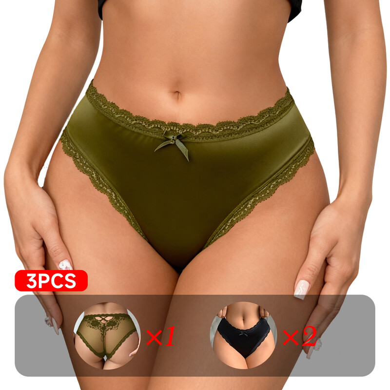 Women's Satin Lace Underwear - Mid-Rise Bow Back Lace-Up Briefs 3PCS L