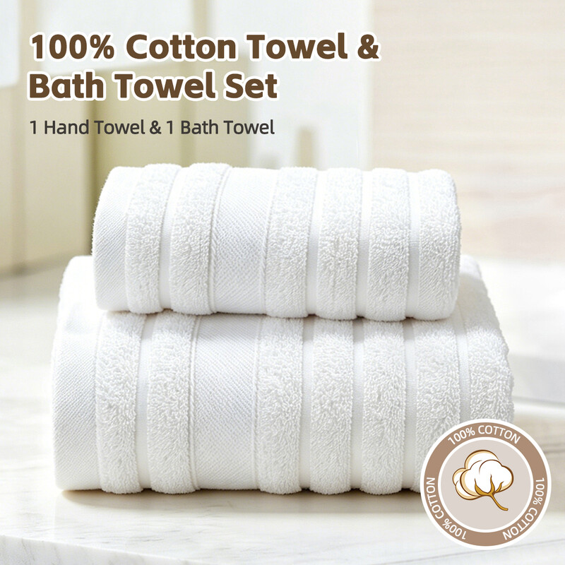 LEBONSOIR 2-Piece Towel & Bath Set, 100% Cotton, 1pc Bath Towel & 1pc Hand Towel, Soft and Absorbent Towel Set. Ideal for Everyday Use. Even in a Bathroom, Gym, Beach, Pool, Salon, Spa or Camping Trip, Cream