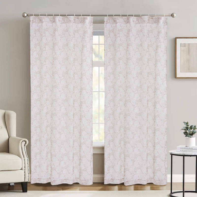 MEROPE, Transparant Gordijn van Polyester met Bloemenprint, 136x250cm, roze, 2-pack