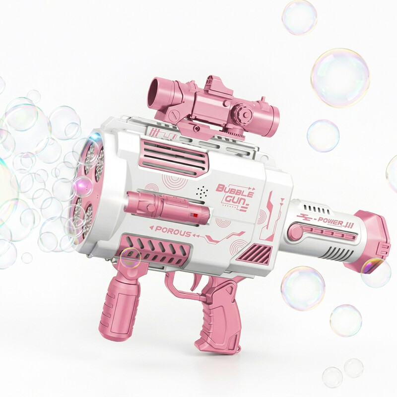 Pink Gatling Bubble Gun, 48-Hole Automatic Bubble Machine with Colorful LED Lights, U