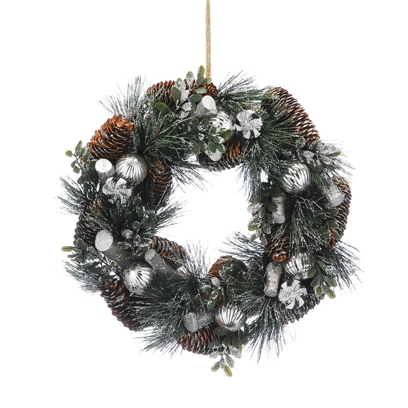 Festive 36Cm Silver Balls And Black/White Swirl Wreath