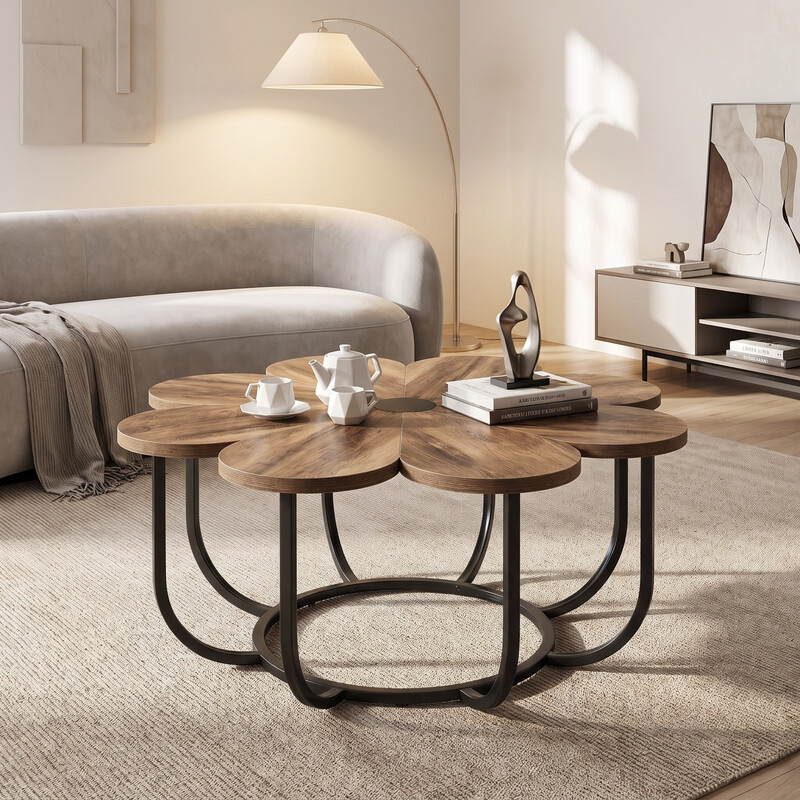 Couchtisch, moderner Blumentisch mit Kunstmarmorplatte, 100 cm großer Blumen-Akzenttisch mit Metallrahmen, Sofatisch für Wohnzimmer, Braun und Schwarz