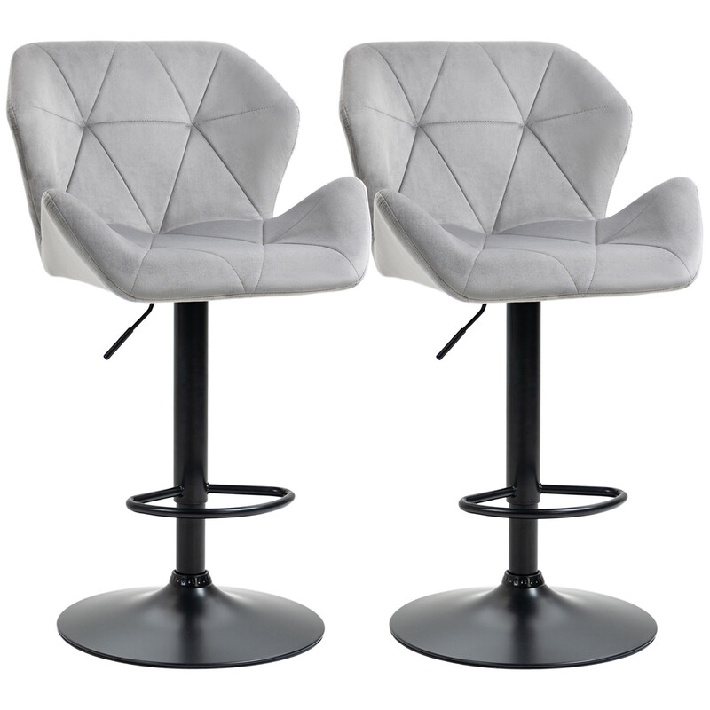Bar Stools Adjustable Quilted Geo Velvet Grey/Black 2pcs