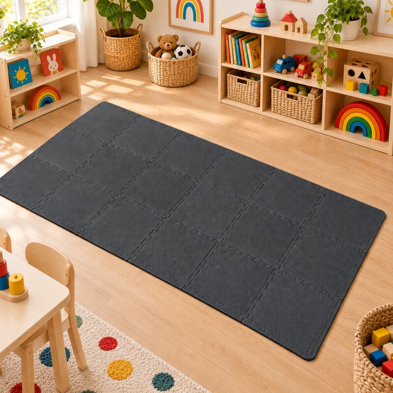 Benarita in elkaar grijpende schuimrubberen vloermatten, 12×12 inch, 18 stuks, zwart, niet-giftig EVA-schuim veilig materiaal, eenvoudig in elkaar grijpend ontwerp met demping, stimuleert de fijne motoriek, geschikt voor speelkamer voor kinderen, yoga fit