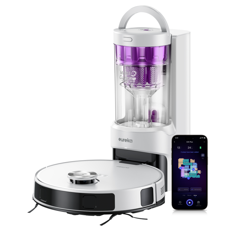 Eureka E20 Plus Saugroboter mit 8000 Pa Saugkraft, DuoDetect AI 3D Hindernisvermeidung, Anti-Hair Tangle Bürste, 45 Tage Staubbehälter, App-Steuerung, Ideal für Tierhaare und Hartböden