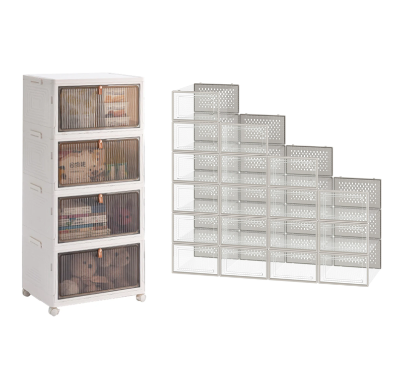 [Aufbewahrungsbundle] Vilscijon 4-stöckiger extra großer faltbarer Aufbewahrungsschrank + JOYFURNOS stapelbare Schuhboxen, 18er-Pack Schuh-Aufbewahrungs-Organizer