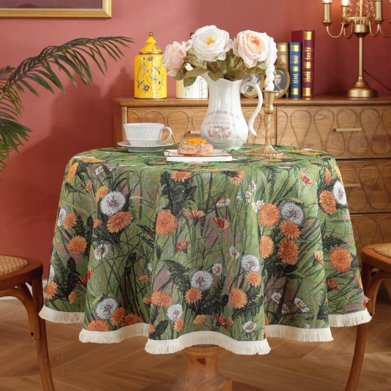 Painting Art Spring Blossom Tablecloth with Tassel Edge, Retro Tablecloth, Thick Wrin