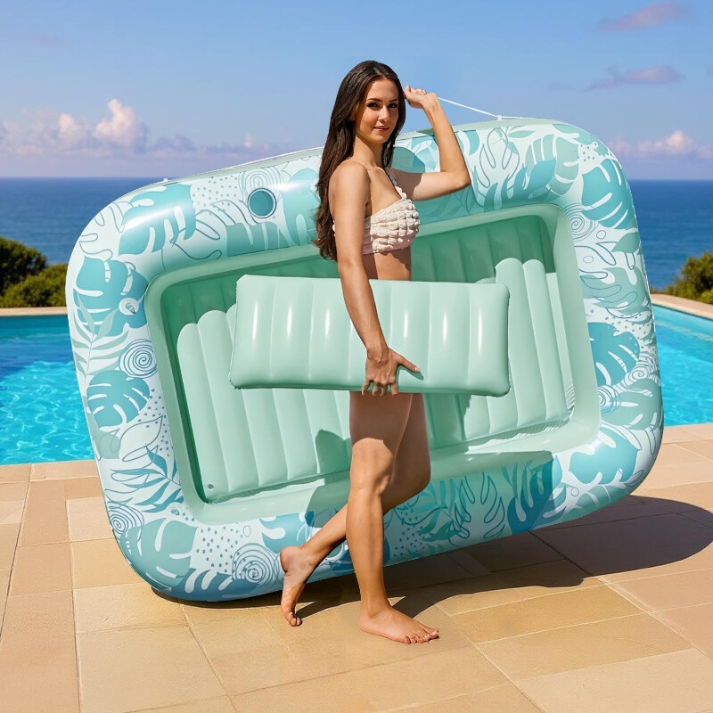 Inflatable Tanning Pool Lounger Float for Adults, Extra Large Suntan Tub with Removable Pillow, Cup Holder, Tropical Print Sunbathing Bed, Blow Up Pool Float for Summer Water Party, Backyard, Beach-Green