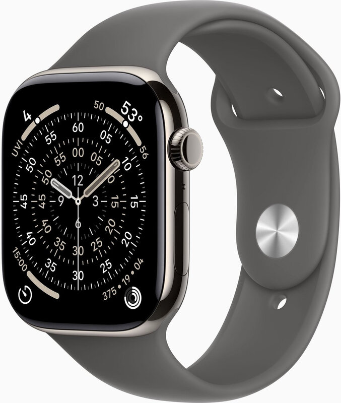 Apple Watch Series 11 GPS + mobiel 46 mm natuurlijke titanium kast met steengrijze sportband - S/M