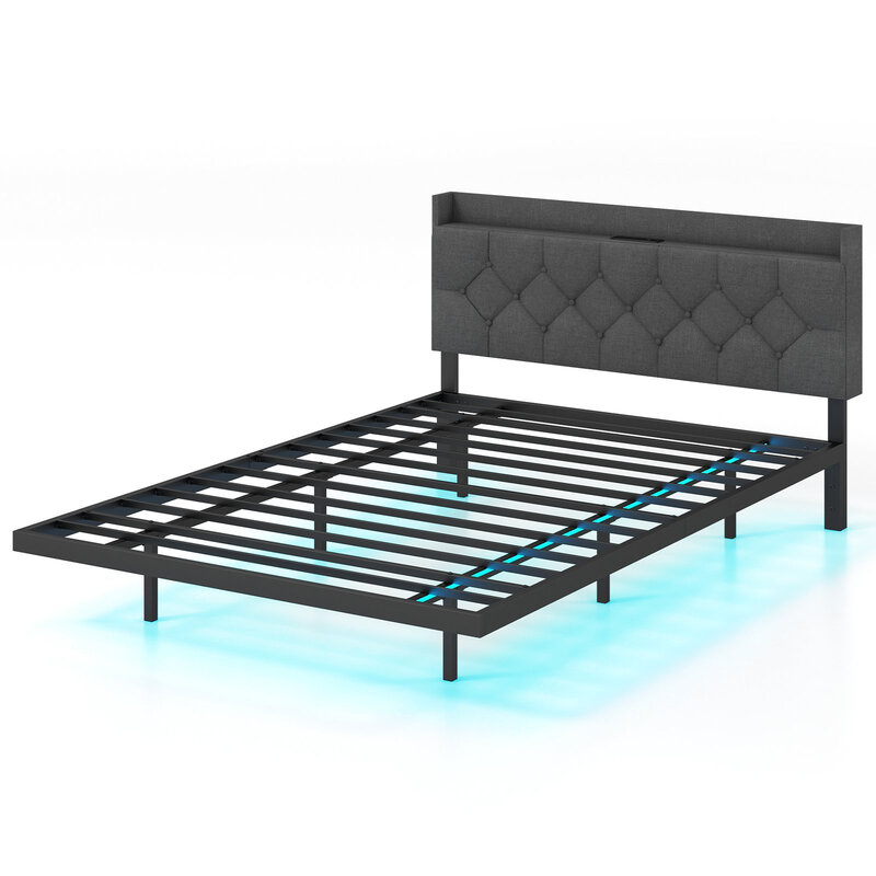 Costway Floating Bed Frame with Adjustable Headboard and Charging Station-Grey-Double Size
