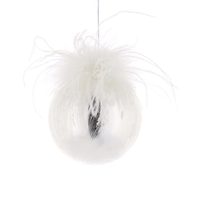 Festive Christmas White Frosted 8cm Ball Ornament with Delicate Feather Accents for Holiday Tree Decor