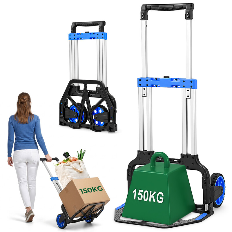 Schwerlast Sackkarre Klappbar 150 KG, Schwerlast Transportkarre, Transportkarre Staplerkarre Klappbar, Faltbarer Sackkarre, Höhenverstellbarer Aluminium Rahmen, Ergonomische Griffe