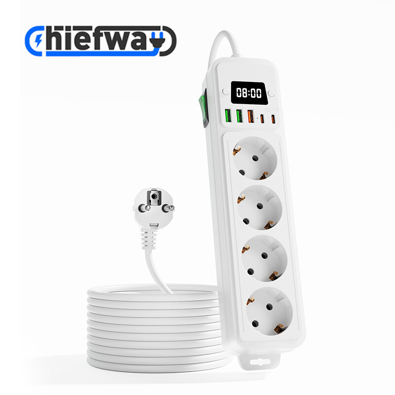 10-in-1 Mehrfachsteckdose mit 4 AC-Steckdosen, 3 USB-A-Anschlüssen und 2 Typ-C-Anschlüssen, mit Digitaluhr, 4000 W MAX Weiß/3 m Kabel