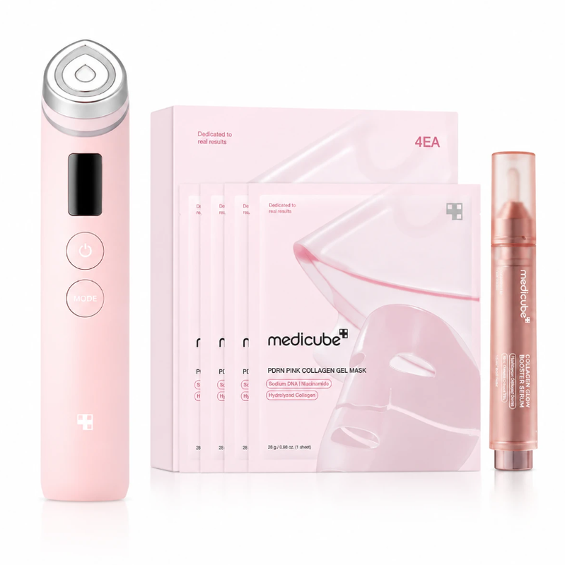 [Bestes Angebot] medicube PDRN Pink Collagen 3-Schritt Glow Set: AGE R Booster-Gerät + Glow Booster Serum + PDRN Collagen Gel-Maske