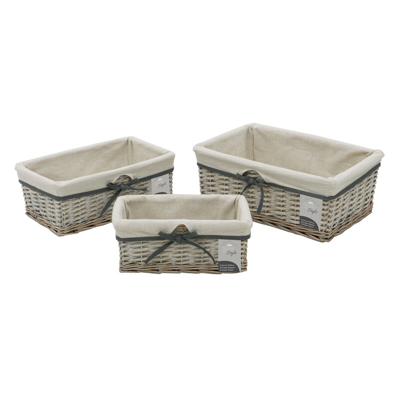 Arianna Rectangular Willow Storage Baskets - Set of 3, Grey Wash