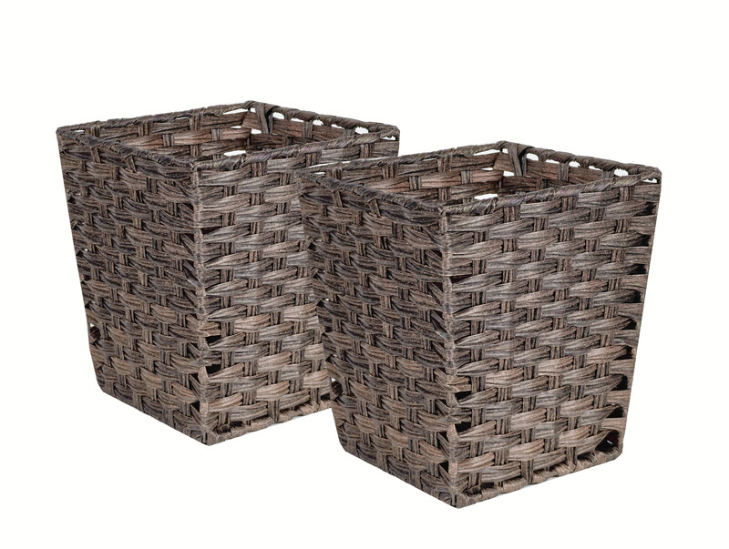 SET OF 2 PP FAUX RATTAN WASTE BASKET-DARK BROWN 10x10x11"H