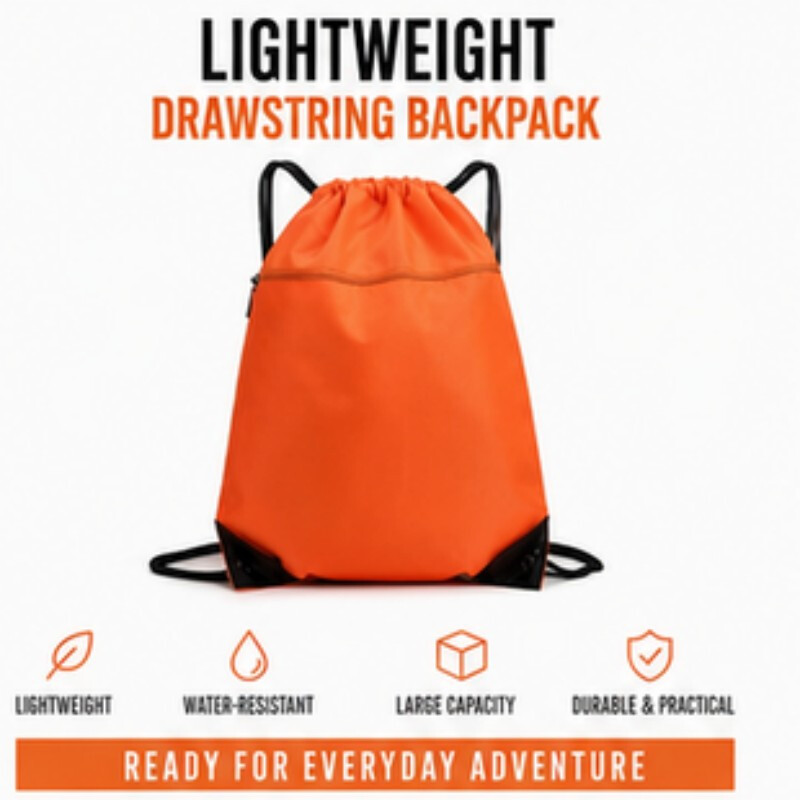 WhereHike Drawstring Backpack, Gym Sackpack String Bag Drawstring Bag with Zip Pocket for Sports, Gym, Swimming, Orange