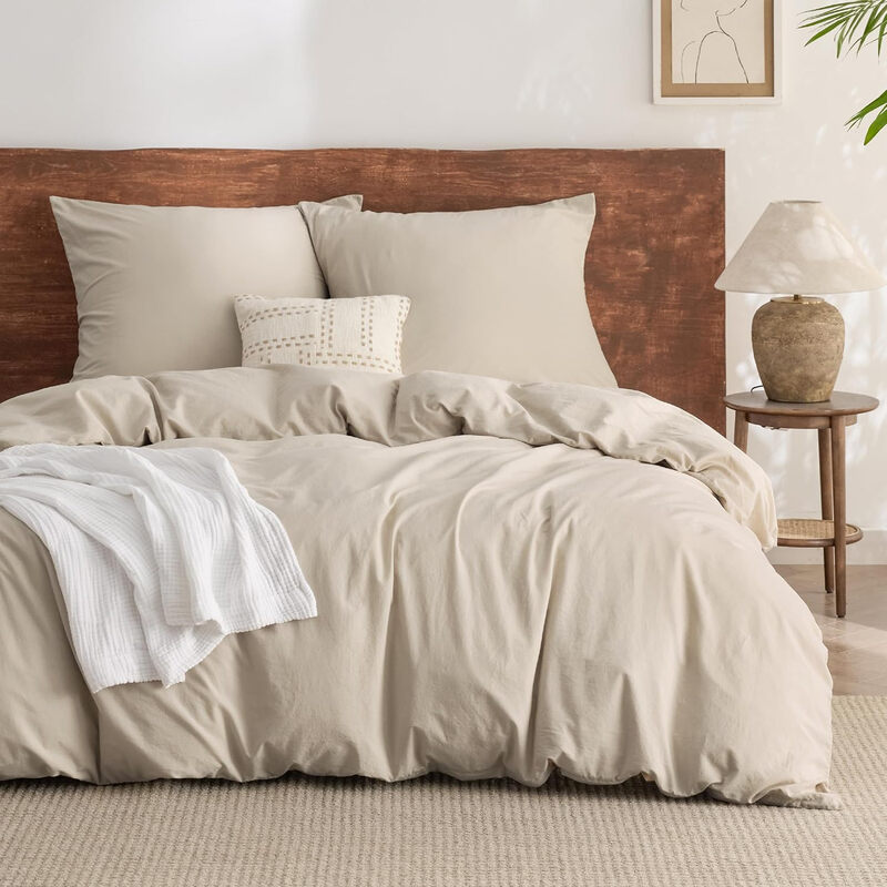 Bettwäsche 200x200 90% Baumwolle 3teilig - Bettwäsche-Sets Beige Bettbezug mit 2 Kissenbezüge 80x80 cm, Ähnliche Textur wie Washed Leinen, Oeko-TEX Bedding Set mit Reißverschluss